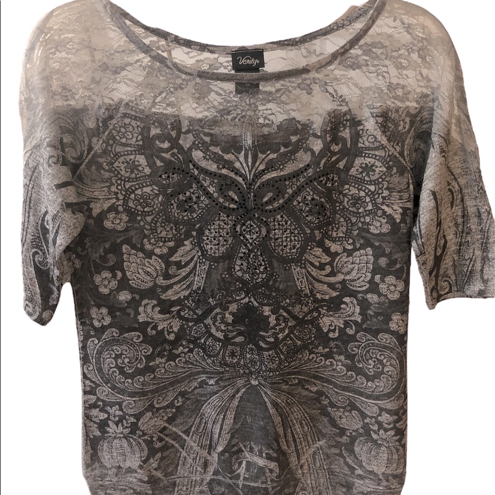 Vanity knit top with lace detail and beaded accents.  Like-new (worn 1x), SZ Med